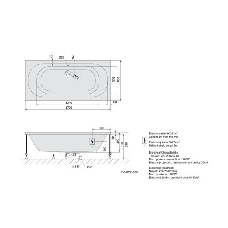 Polysan Levana wanna z hydromasażem 170x80x39cm Highline Hydro-Air chrom 71745.6010