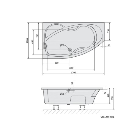Polysan MAMBA L wanna asymetryczna 170x100x44cm biały 76111