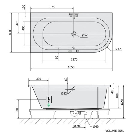 Polysan Astra L wanna z hydromasażem 165x80x48cm Attraction Hydro-Air chrom 33611.4010