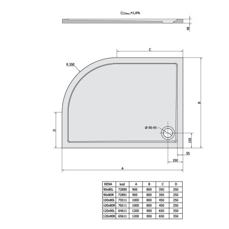 Polysan RENA R brodzik kompozytowy półokrągły 120x90cm R550 lewy biała 64611