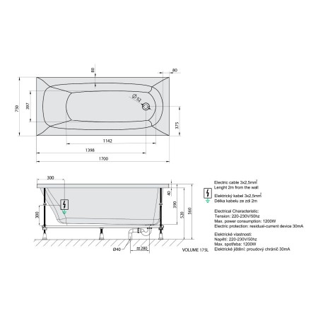 Polysan Ebro wanna z hydromasażem 170x75x39cm Active Hydro-Air chrom 26711.2010