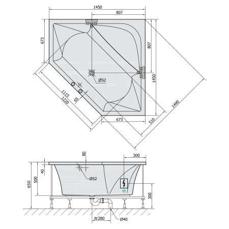 Polysan Floss wanna z hydromasażem 145x145x50cm Highline Hydro-Air chrom 98611.6010