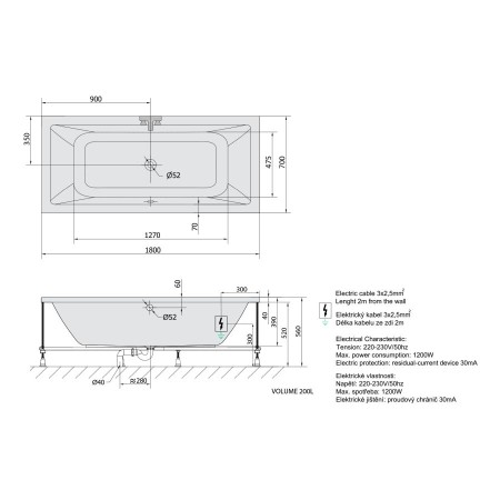 Polysan Krysta wanna z hydromasażem 180x70x39cm Attraction Hydro chrom 72906.3010