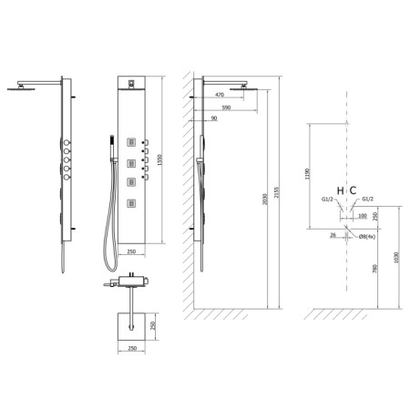 Polysan 5SIDE SQUARE panel prysznicowy 250x1550mm aluminium 80221