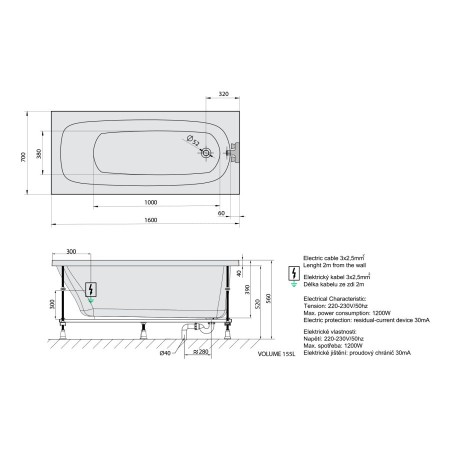 Polysan Laura wanna z hydromasażem 160x70x39cm Attraction Hydro-Air chrom 24611.4010