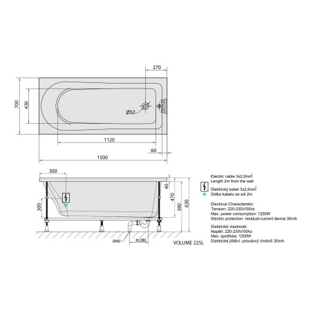 Polysan Lisa wanna z hydromasażem 150x70x47cm Attraction Hydro-Air chrom 85111.4010