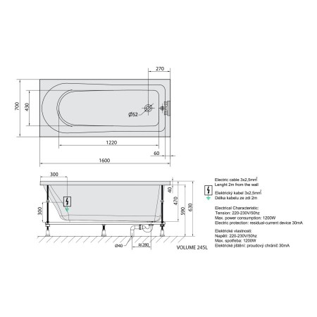 Polysan Lisa wanna z hydromasażem 160x70x47cm Attraction Hydro-Air chrom 86111.4010