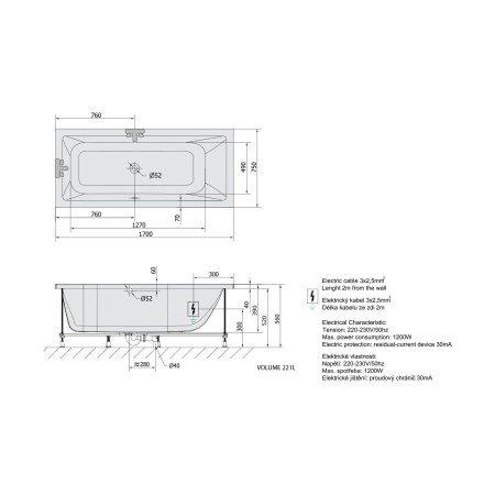Polysan Mimoa wanna z hydromasażem 170x75x39cm Highline Hydro-Air chrom 71709.6010