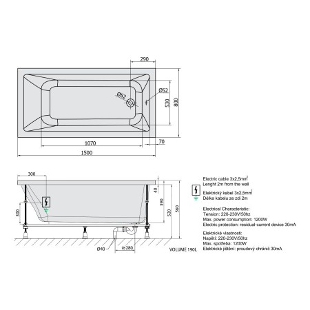 Polysan Noemi wanna z hydromasażem 150x80x39cm Highline Hydro-Air chrom 71727.6010