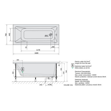 Polysan Noemi wanna z hydromasażem 160x70x39cm Attraction Hydro-Air chrom 71707.4010