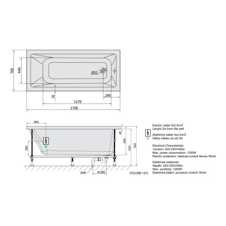 Polysan Noemi wanna z hydromasażem 170x70x39cm Attraction Hydro-Air chrom 71708.4010