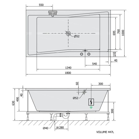 Polysan Quest wanna z hydromasażem 180x100x49cm Highline Hydro-Air chrom 78511.6010