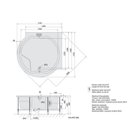 Polysan Royal Corner wanna z hydromasażem 173x173x49cm Highline Hydro-Air chrom 74211.6010