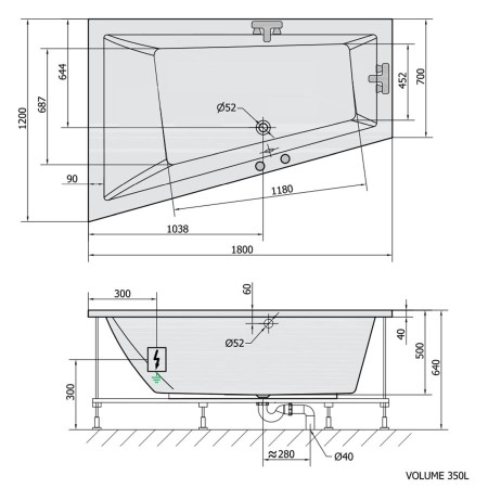 Polysan Triangl L wanna z hydromasażem 180x120x50cm Active Hydro chrom 19611.1010