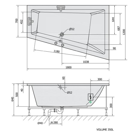 Polysan Triangl R wanna z hydromasażem 180x120x50cm Attraction Hydro-Air chrom 20611.4010
