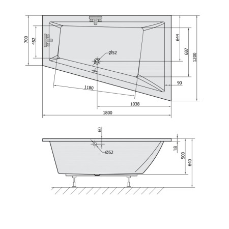 Polysan TRIANGL R SLIM wanna asymetryczna 180x120x50cm biała 20611S