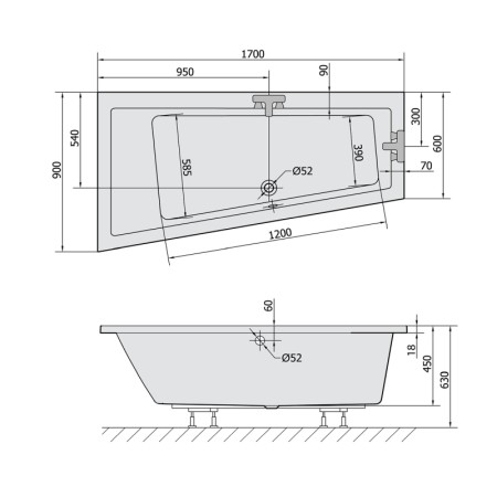 Polysan ANDRA L SLIM wanna asymetryczna 170x90x45cm biała 81111S