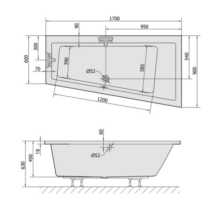 Polysan ANDRA R SLIM wanna asymetryczna 170x90x45cm biała 81511S