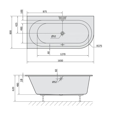 Polysan ASTRA L SLIM wanna asymetryczna 165x80x48cm biała 33611S