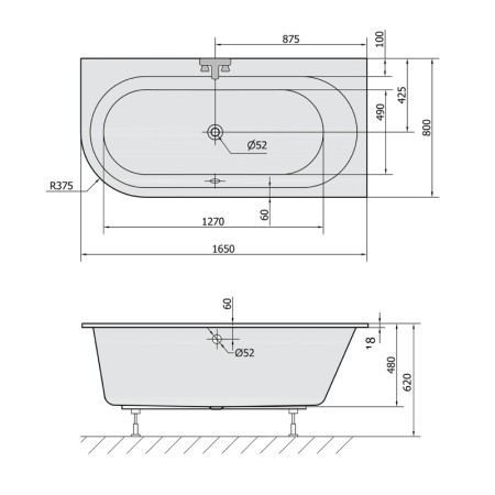 Polysan ASTRA R SLIM wanna asymetryczna 165x80x48cm biała 34611S