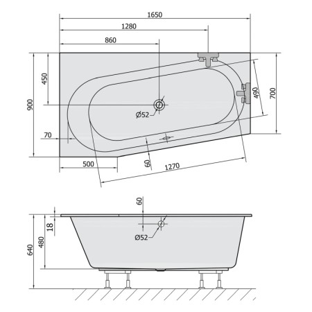 Polysan ASTRA WL SLIM wanna asymetryczna 165x90x48cm biała 30611S
