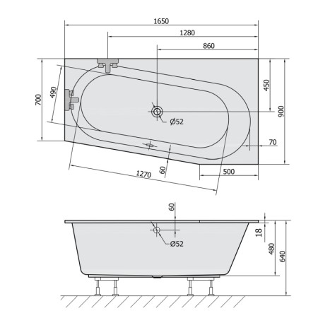 Polysan ASTRA WR SLIM wanna asymetryczna 165x90x48cm biała 31611S