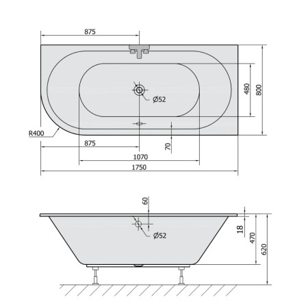 Polysan VIVA R SLIM wanna asymetryczna 175x80x47cm biała 78119S