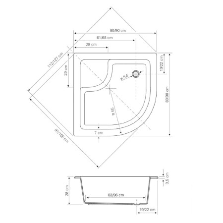 Aqualine Brodzik prysznicowy akrylowy półokrągły 90x90x28cm z nóżkami R550 C93