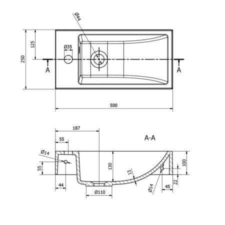 Sapho ARIANA umywalka kompozytowa 50x10x25 cm biała bateria po lewej stronie SM012