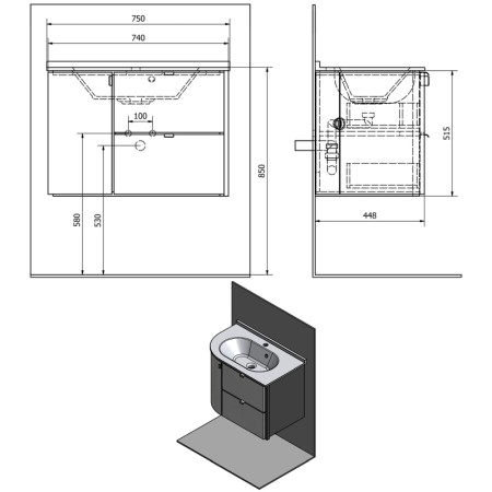 Sapho PULSE szafka umywalkowa 75x52x45 cm prawa biała/antracyt PU076-3034