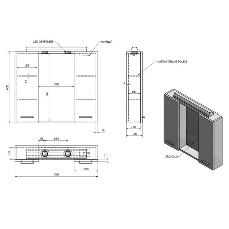 Aqualine ZOJA/KERAMIA FRESH szafka z lustrem i oświetleniem LED 70x60x14cm dąb platin 45029