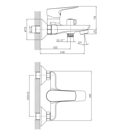 Aqualine LOTTA bateria wannowa ścienna rozstaw 150mm chrom LT610