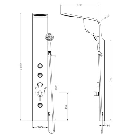 Aqualine TUSA panel prysznicowy prostokątny z baterią 1400 mm aluminium SL680