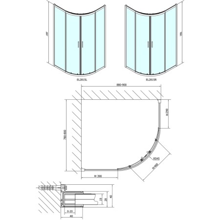 Polysan EASY LINE kabina prysznicowa półokrągła 900x800mm L/R szkło czyste EL2815