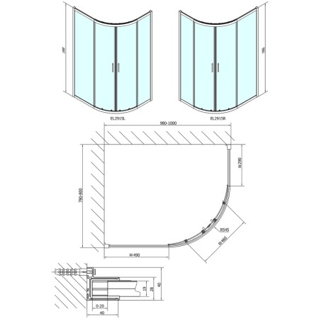 Polysan EASY LINE kabina prysznicowa półokrągła 1000x800mm L/R szkło czyste EL2915