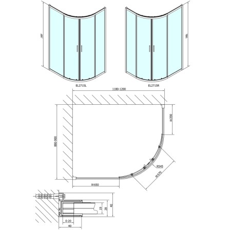 Polysan EASY LINE kabina prysznicowa półokrągła 1200x900mm L/R szkło czyste EL2715