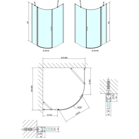 Polysan ZOOM LINE kabina prysznicowa półokrągła 900x900mm szkło czyste prawa ZL2615R