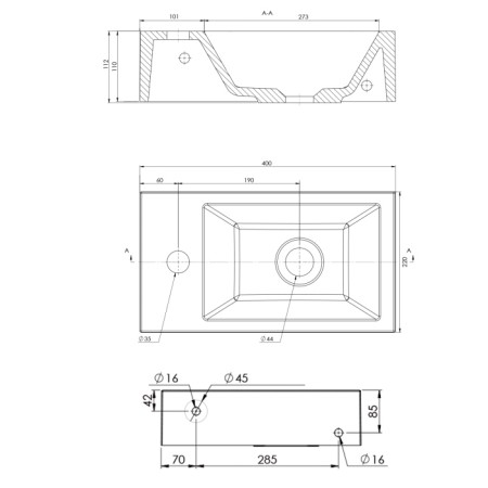 Sapho AMAROK umywalka kompozytowa 40x11x22cm biała bateria z lewej strony AR400