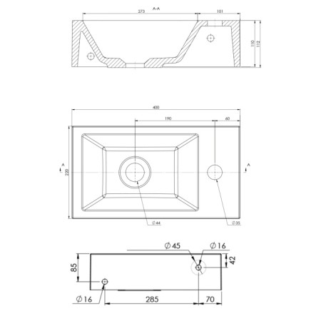 Sapho AMAROK umywalka kompozytowa 40x11x22cm biała bateria z prawej strony AR500