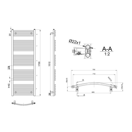 Aqualine ORBIT Grzejnik łazienkowy 750x1700 mm 1125 W biały ILO67E