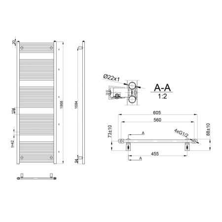 Aqualine DIRECT Grzejnik łazienkowy płaski 600x1868 mm 1022 W biały ILR86E