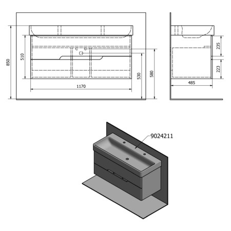 Sapho MEDIENA szafka umywalkowa 117x50.5x48.5cm biały mat/dąb graphite MD121