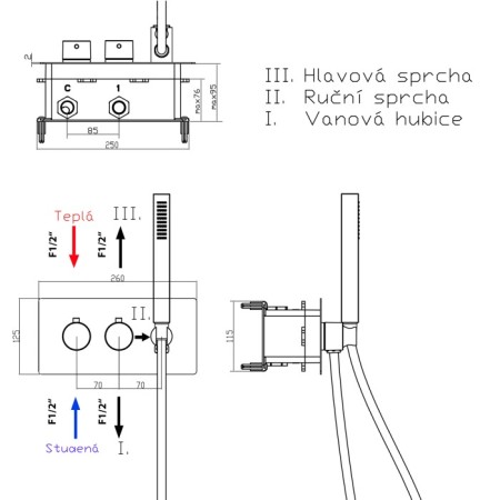 RHAPSODY bateria prysznicowa termostatyczna podtynkowa, rączka prysznicowa, 2/3 wyjścia, chrom 5508