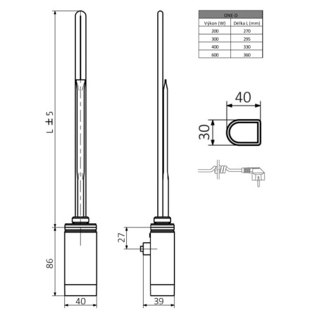 Sapho ONE D grzałka elektryczna z termostatem 300W prawa chrom ONE-D-C-300