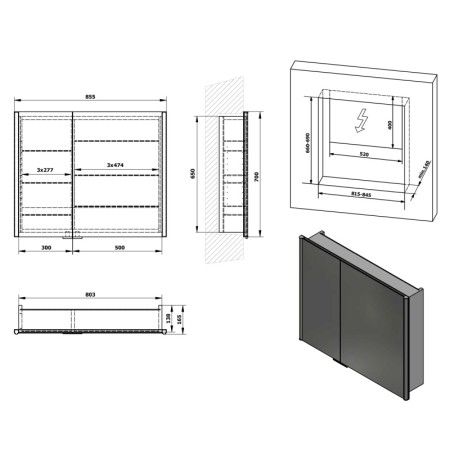 Sapho INTEGRA szafka z lustrem do zabudowy oświetlenie LED 85x70cm IN085