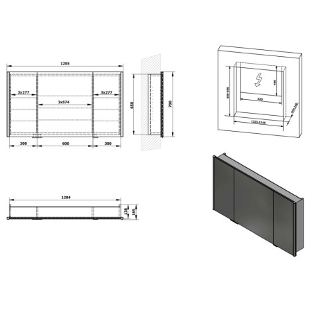 Sapho INTEGRA szafka z lustrem do zabudowy oświetlenie LED 125x70cm IN125