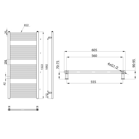 Aqualine DIRECT grzejnik łazienkowy płaski 1322/600 714 W srebro strukturalne ILS36E