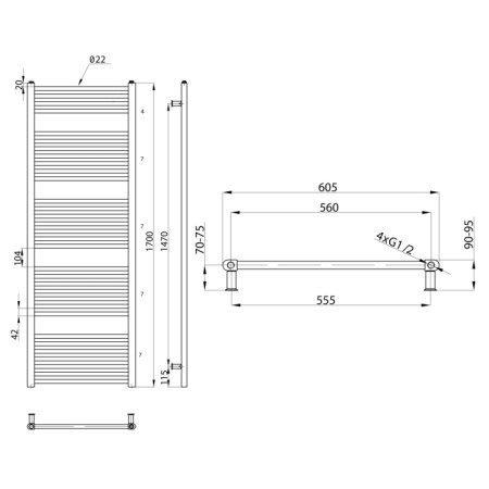 Aqualine DIRECT grzejnik łazienkowy płaski 1700/600 914 W srebro strukturalne ILS66E