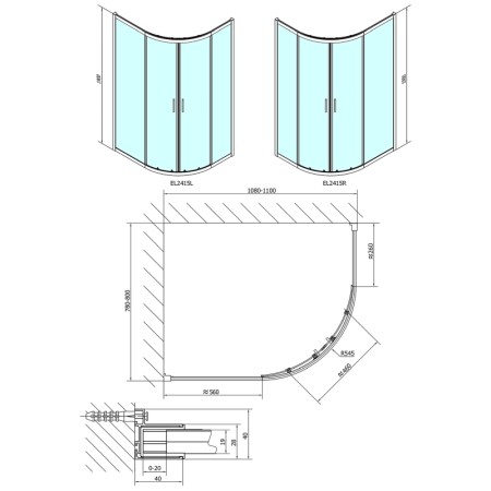Polysan EASY LINE kabina prysznicowa półokrągła 1100x800mm L/R szkło czyste EL2415