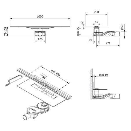 Polysan SLIM RIVER odpływ liniowy z rusztem 400-1000mm stal nierdzewna RV100